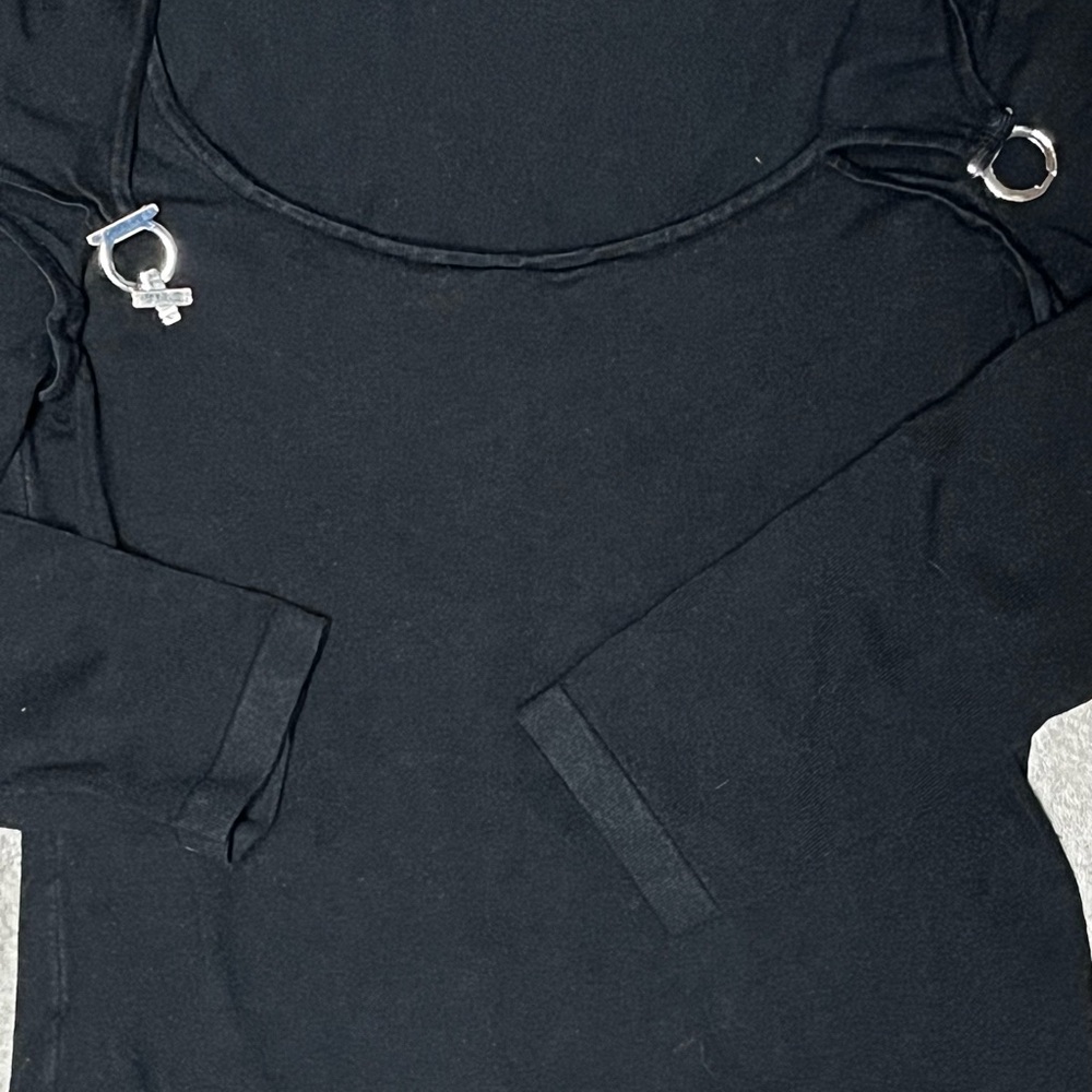 Nine West Black Long Sleeve Top With Metallic Clasp That Creates Chest Opening